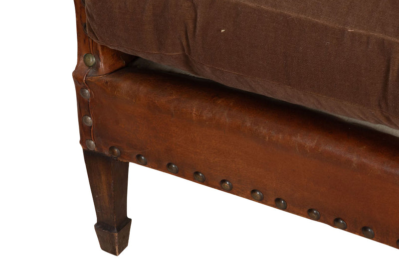Charming, pair of 1920s French petite studded leather club chairs.