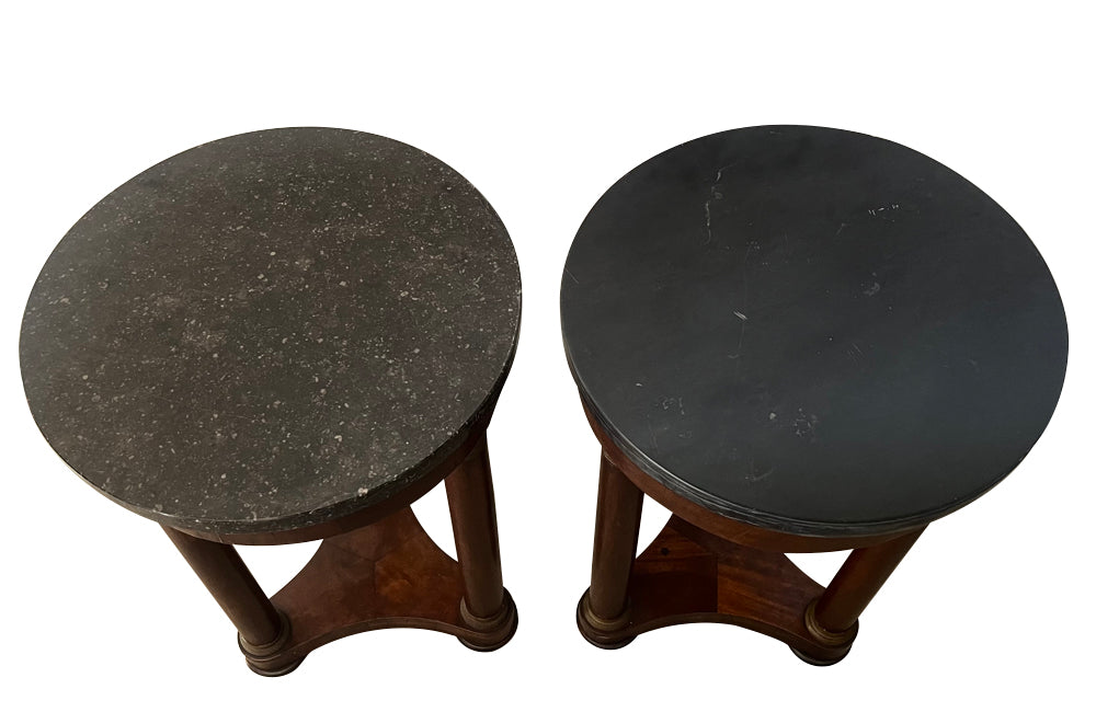 Antique side tables Empire revival pedestal side tables mahogany with round marble top - French Antique Furniture