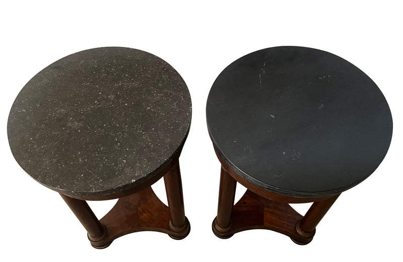 Antique side tables Empire revival pedestal side tables mahogany with round marble top - French Antique Furniture