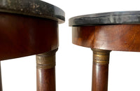 Antique side tables Empire revival pedestal side tables mahogany with round marble top - French Antique Furniture