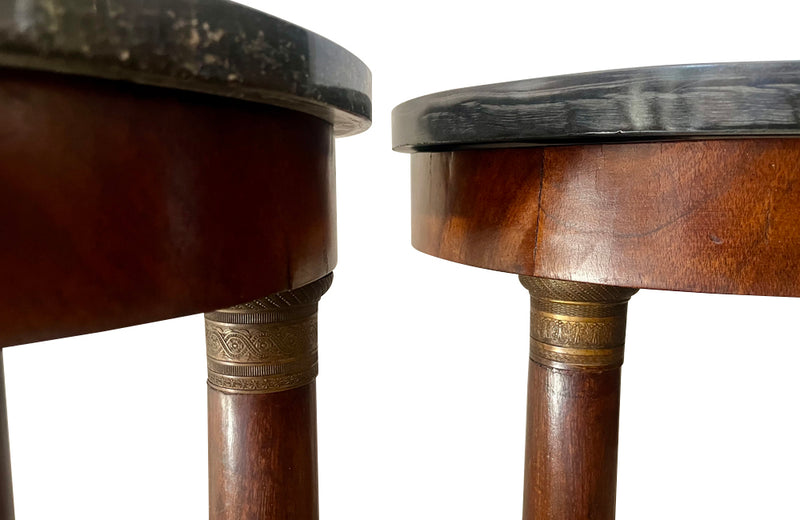 Antique side tables Empire revival pedestal side tables mahogany with round marble top - French Antique Furniture