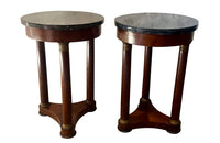 Antique side tables Empire revival pedestal side tables mahogany with round marble top - French Antique Furniture