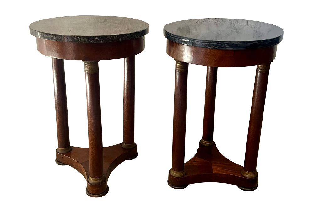 Antique side tables Empire revival pedestal side tables mahogany with round marble top - French Antique Furniture