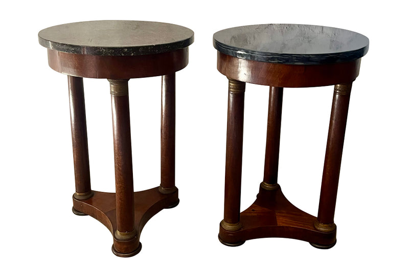 Antique side tables Empire revival pedestal side tables mahogany with round marble top - French Antique Furniture