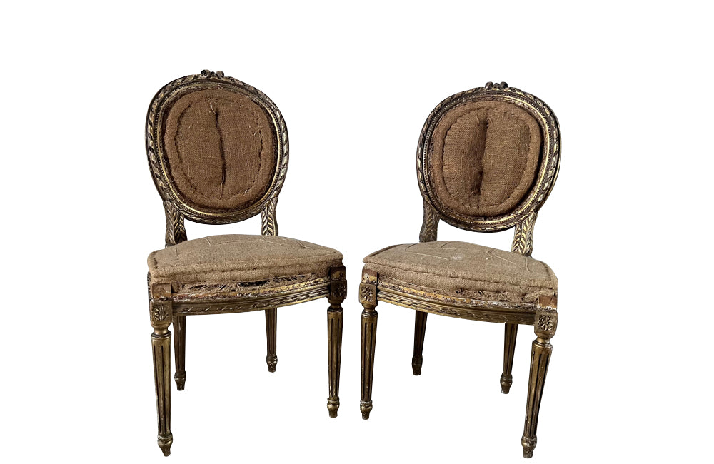 Elegant 19th century pair giltwood carved side chairs in the Louis XVI style