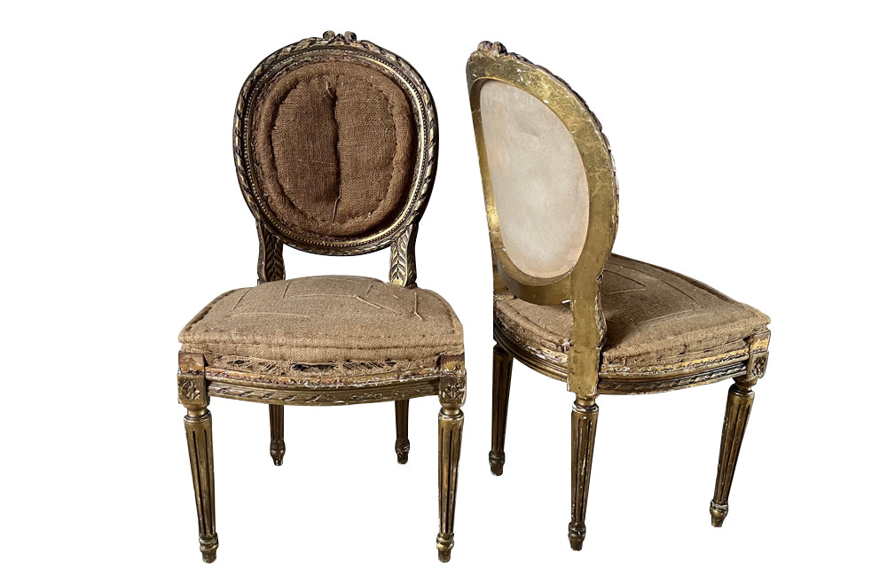 Elegant 19th century pair giltwood carved side chairs in the Louis XVI style