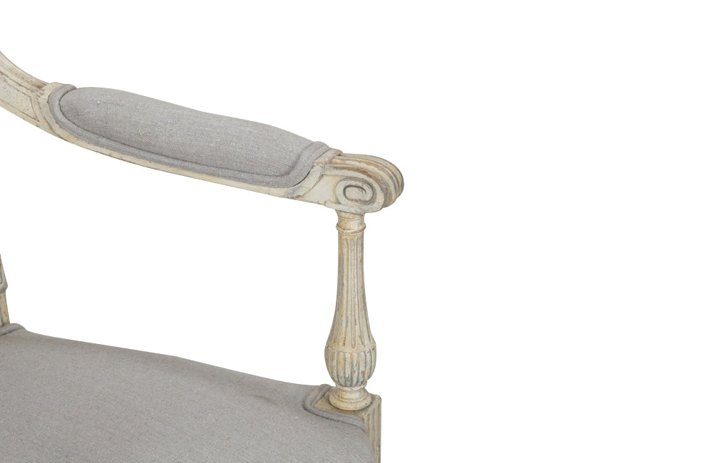 air of 19th century, French open 
armchairs in the Neo-Classical style. Reupholstered in linen
