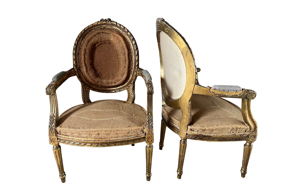 Elegant 19th century pair giltwood carved open armchairs in the Louis XVI style.