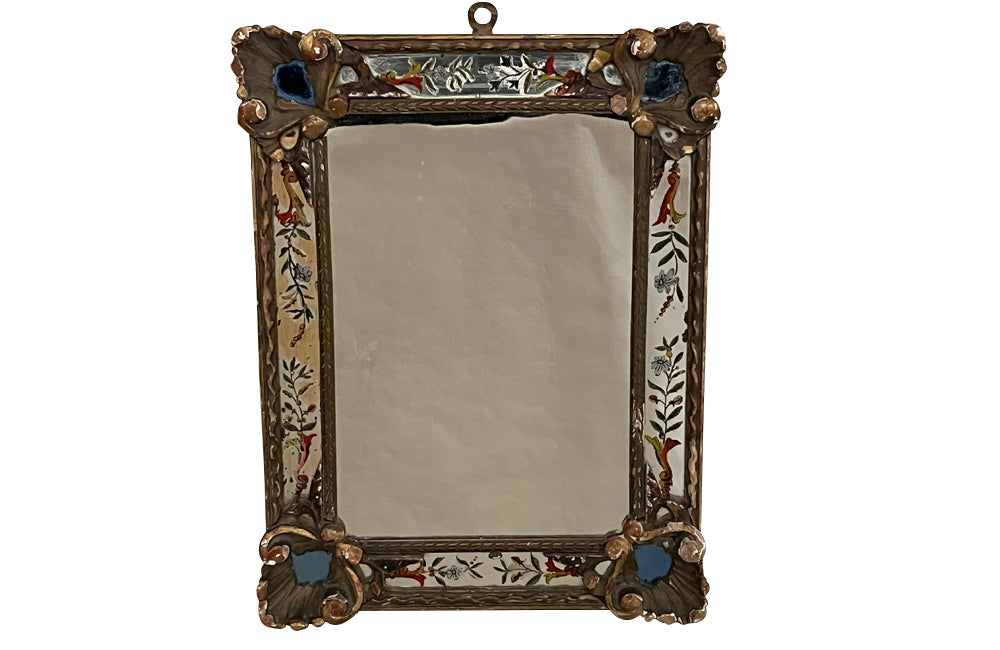 Beautiful rare pair of small 19th century Italian carved giltwood and verre eglomise mirror