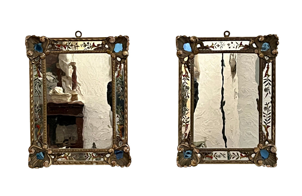 Beautiful rare pair of small 19th century Italian carved giltwood and verre eglomise mirror