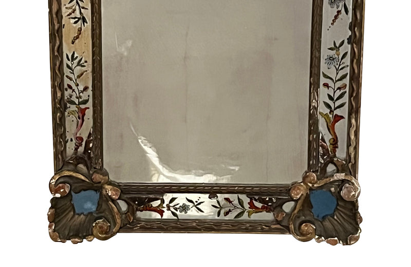 Beautiful rare pair of small 19th century Italian carved giltwood and verre eglomise mirror