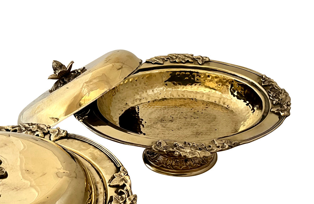 Beautiful pair of 19th century large French decorative brass lidded serving dishes - French Antiques