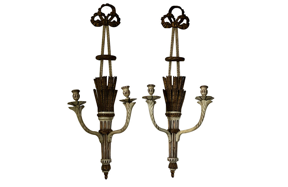 Beautiful pair of large 19th Century Italian carved wooden wall lights in the Neo-Classical style