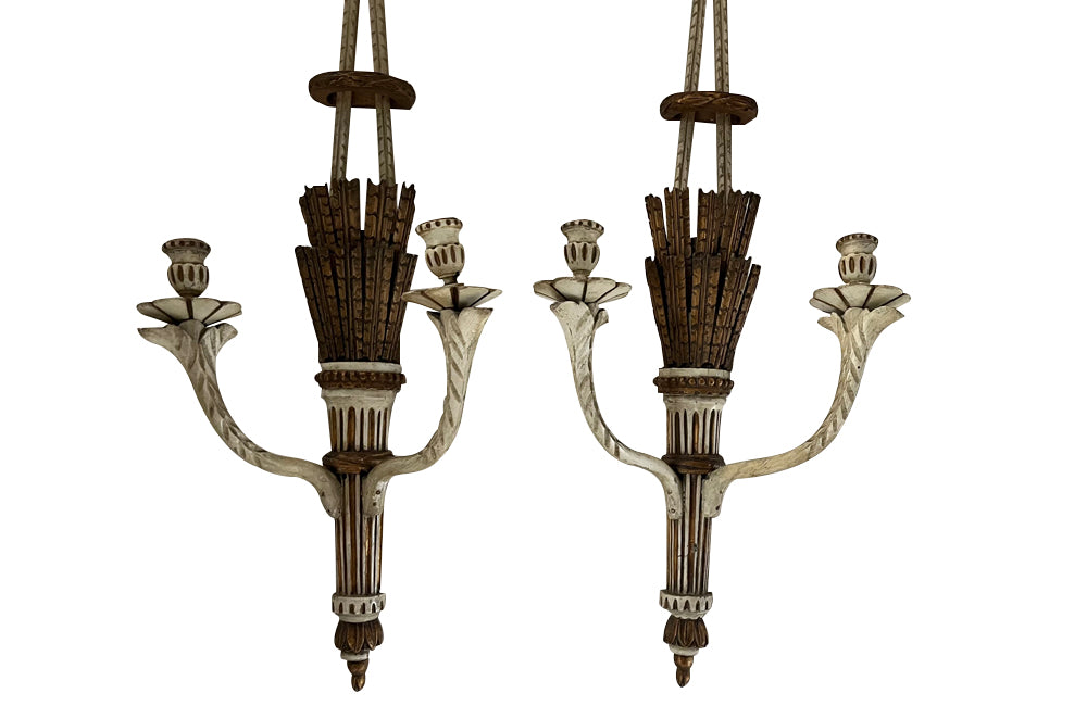 Beautiful pair of large 19th Century Italian carved wooden wall lights in the Neo-Classical style