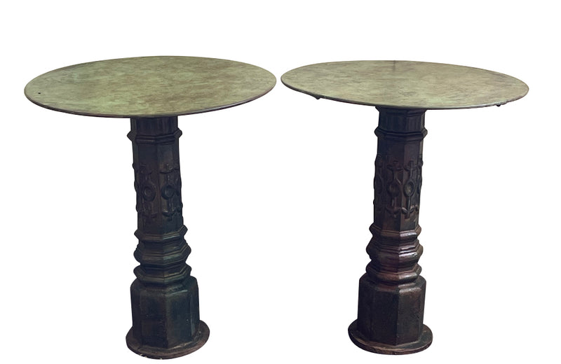 Decorative pair of French cast iron columnar based gueridon tables.
