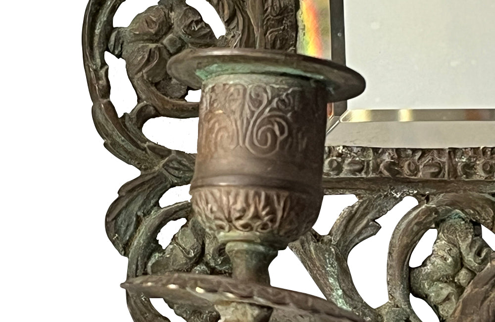 Antique mirrors French Neo-classical revival bronze wall sconces, with three branched candle holders. French antiques.