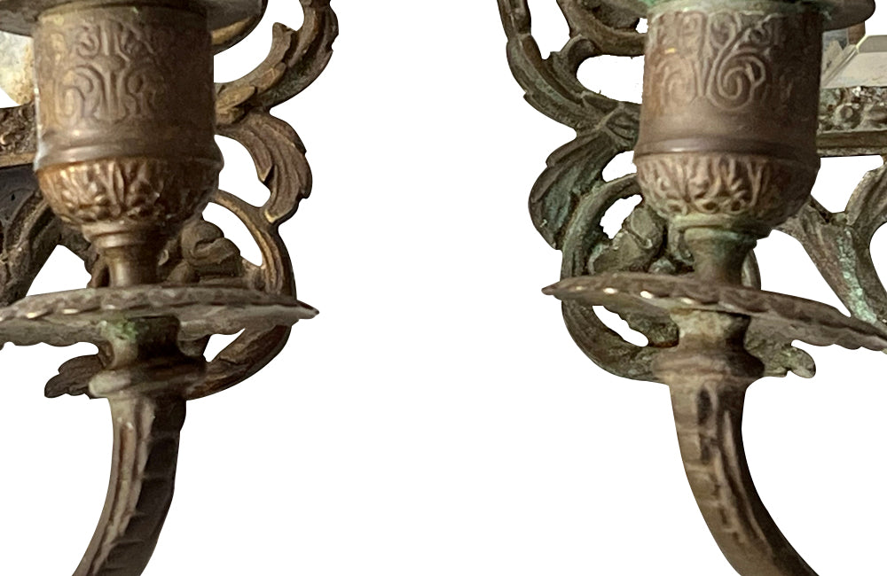 Antique mirrors French Neo-classical revival bronze wall sconces, with three branched candle holders. French antiques.