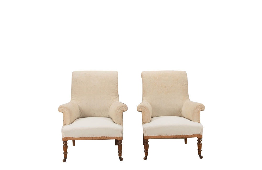 Pair of elegant large 19th century  French country house armchairs with scrolled backs.