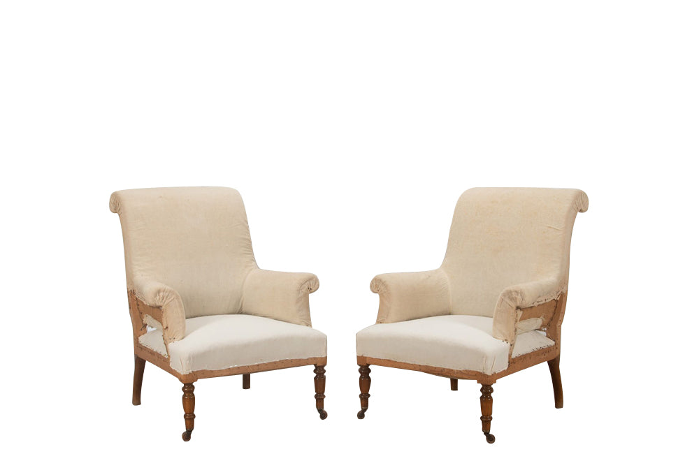 Pair of elegant large 19th century  French country house armchairs with scrolled backs.