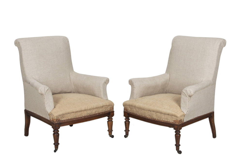 Pair of elegant large late 19th Century French country house armchairs with scrolled backs