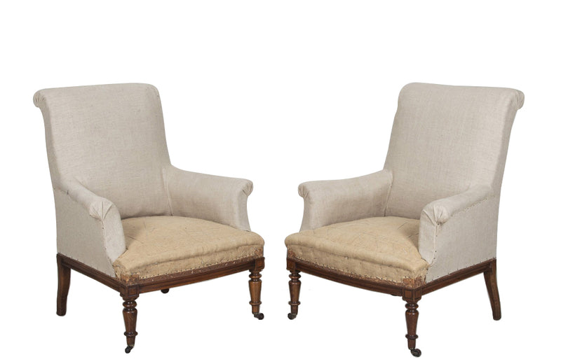 Pair of elegant large late 19th Century French country house armchairs with scrolled backs