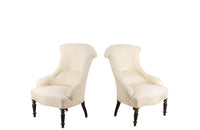Pair of charming 19th Century French Napoleon III slipper chairs with gently curved scroll backs.