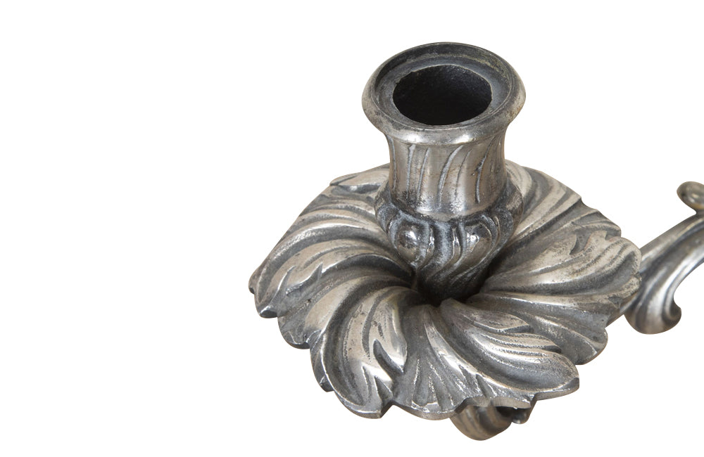 Pair of late 19th Century French worn silver plated candleabras in the Rococo style.