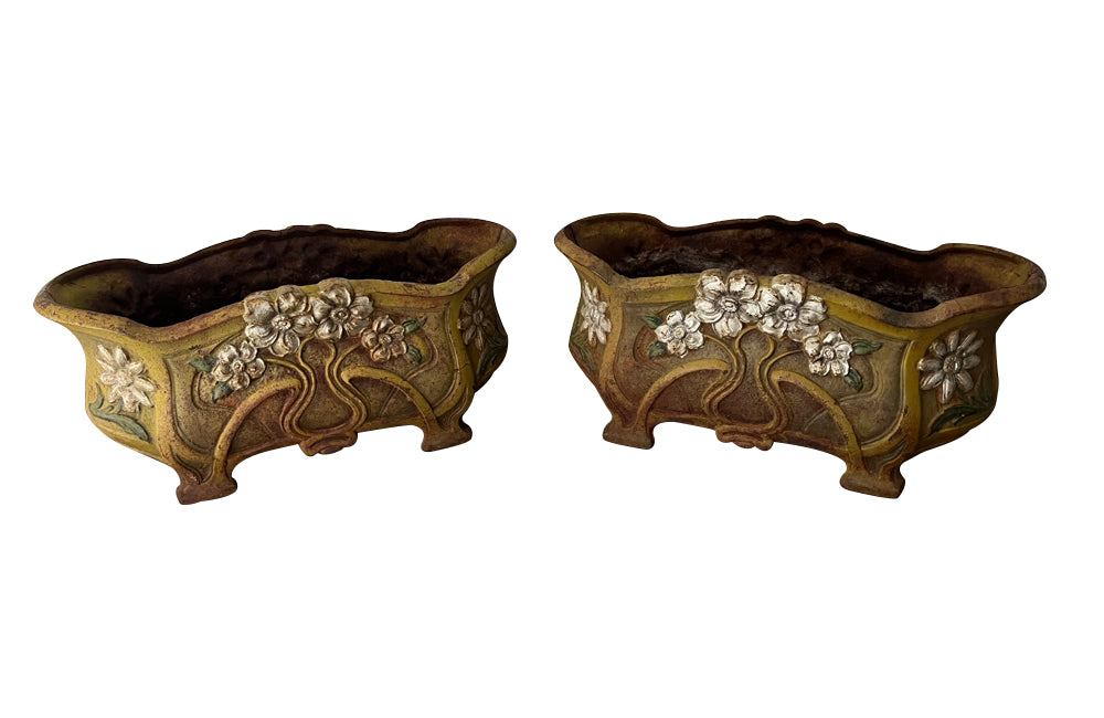 Antique Jardinieres. French. Art Nouveau polychrome cast iron jardinieres - Garden Antiques