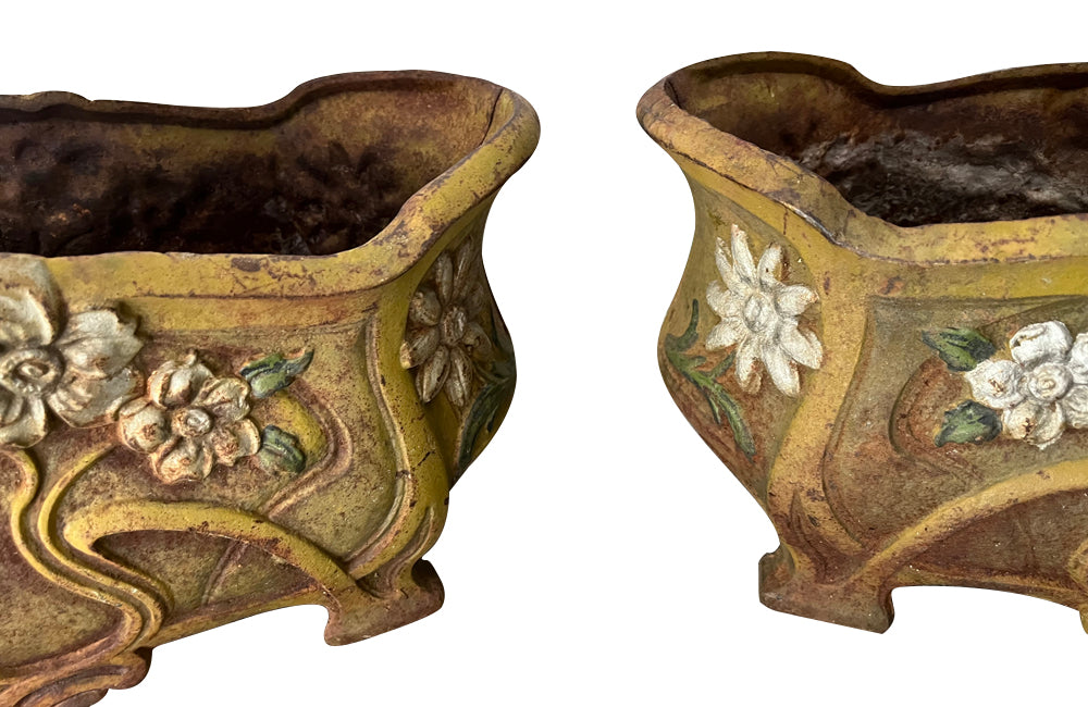 Pair of late 19th Century French  Art Nouveau polychrome cast iron jardinieres.