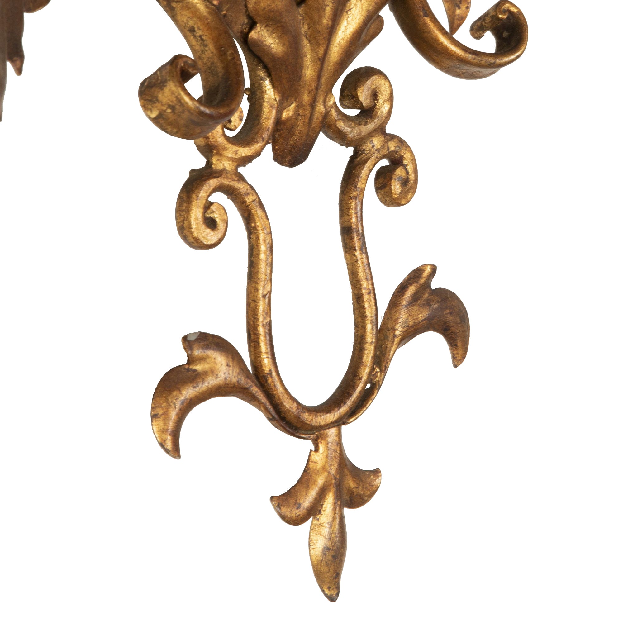 A decorative and elegant pair of 20th Century Italian gilt tole and wood wall lights.