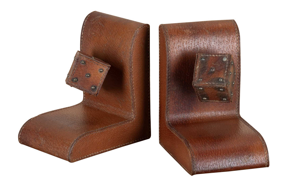 Mid-Century Bookends, leather, French, Jacques Adnet. 