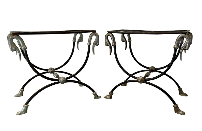 Pair of elegant Mid-Century French wrought iron curule stools attributed to Maison Jansen