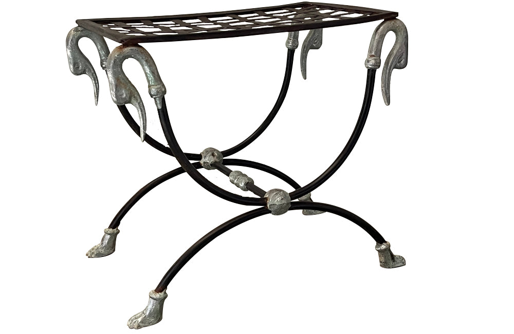 Pair of elegant Mid-Century French wrought iron curule stools attributed to Maison Jansen