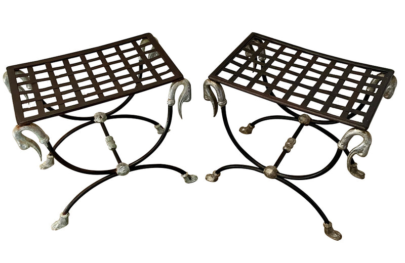 Pair of elegant Mid-Century French wrought iron curule stools attributed to Maison Jansen