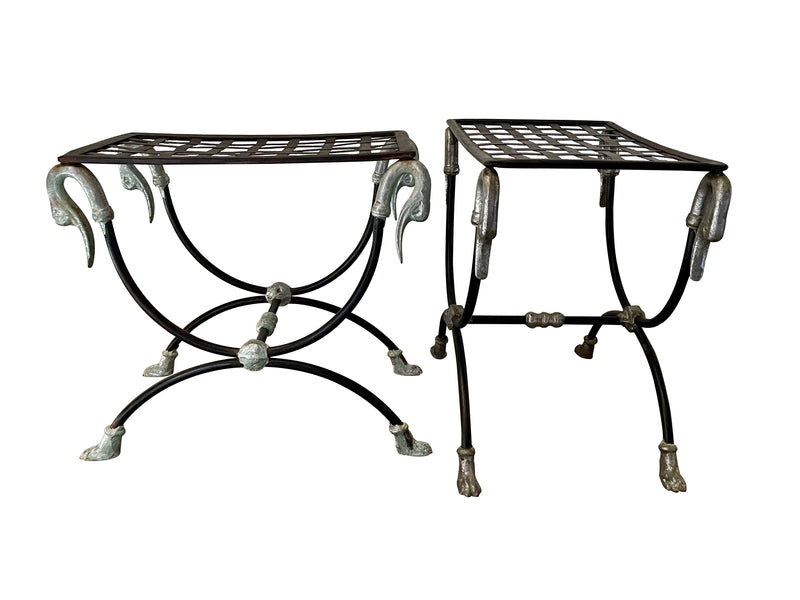 Pair of elegant Mid-Century French wrought iron curule stools attributed to Maison Jansen