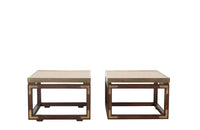 Pair of Valenti style Spanish stylish mahogany end tables with brass brackets.