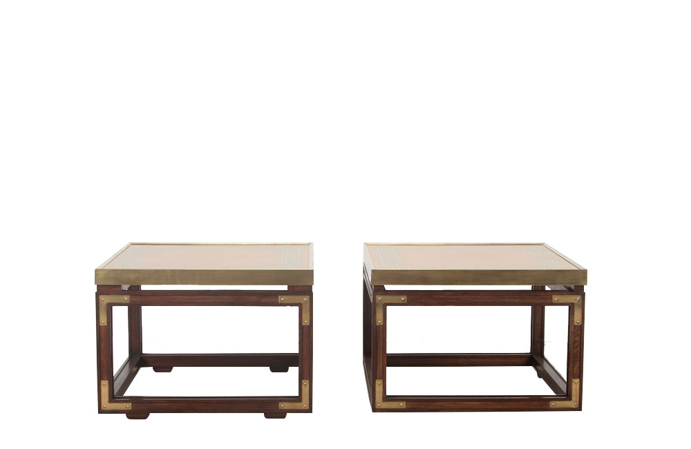 Pair of Valenti style Spanish stylish mahogany end tables with brass brackets.