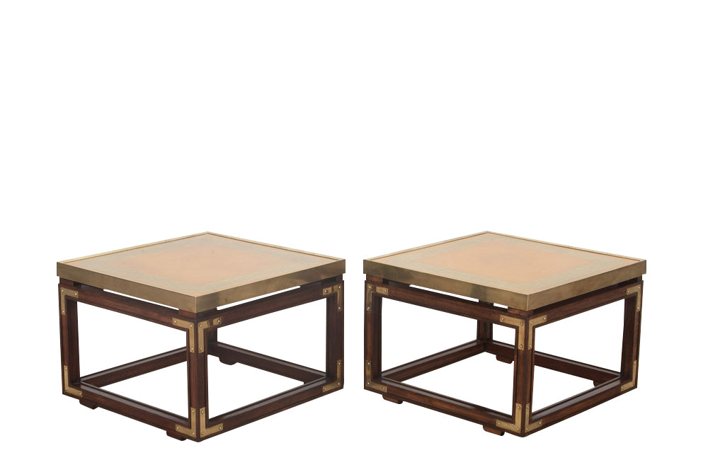 Pair of Valenti style Spanish stylish mahogany end tables with brass brackets.