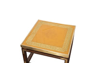 Pair of Valenti style Spanish stylish mahogany end tables with brass brackets.