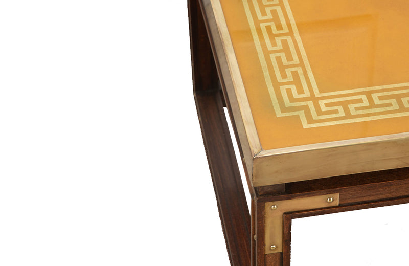 Pair of Valenti style Spanish stylish mahogany end tables with brass brackets.