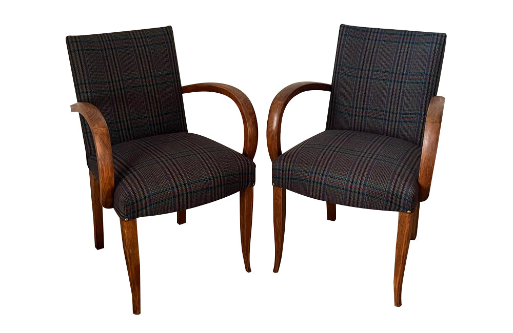 Pair of mid-20th Century French Art Deco style bridge chairs upholstered in a beautiful soft Scottish plaid wool.