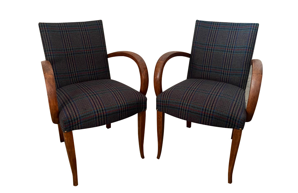 Pair of mid-20th Century French Art Deco style bridge chairs upholstered in a beautiful soft Scottish plaid wool.