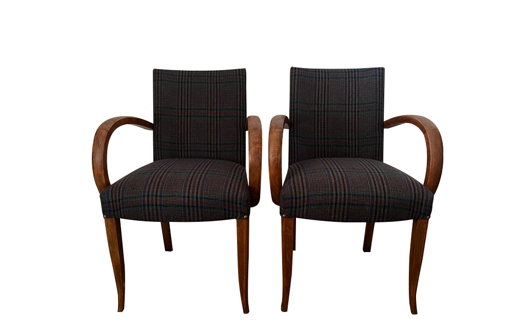 Pair of mid-20th Century French Art Deco style bridge chairs upholstered in a beautiful soft Scottish plaid wool.