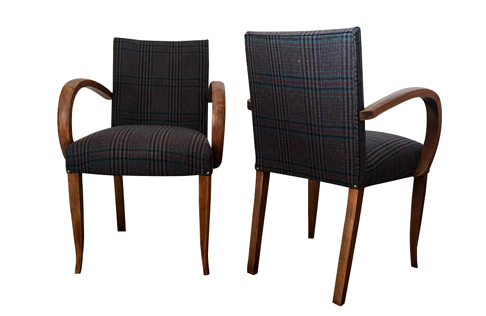 Pair of mid-20th Century French Art Deco style bridge chairs upholstered in a beautiful soft Scottish plaid wool.