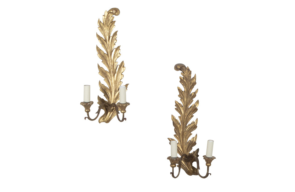 PAIR OF ITALIAN GILTWOOD FEATHER PLUME WALL LIGHTS