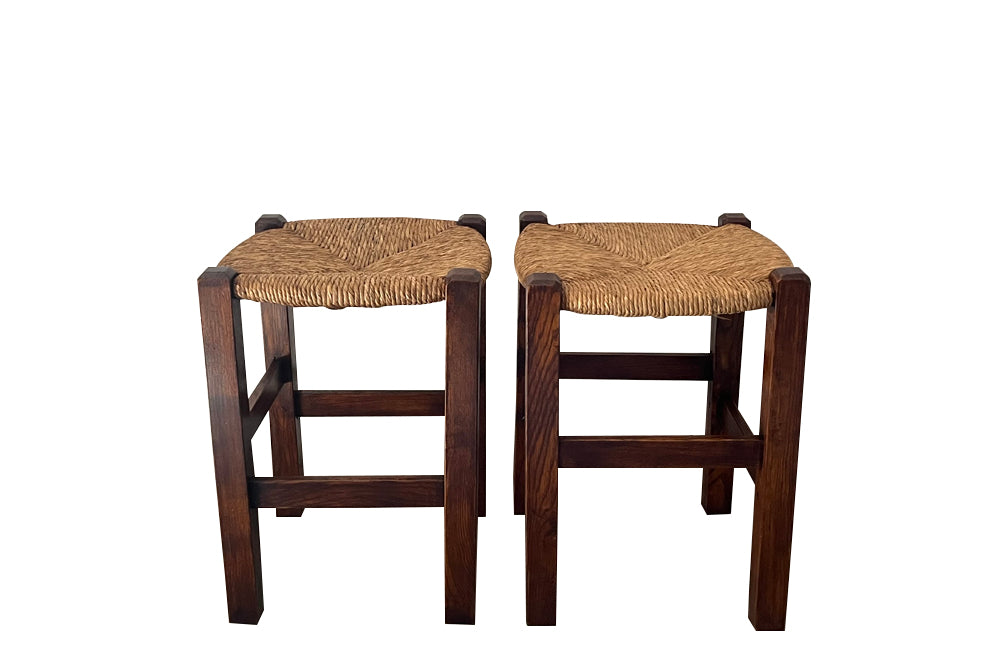 Mid century stools French country wooden stools with strawed seat.