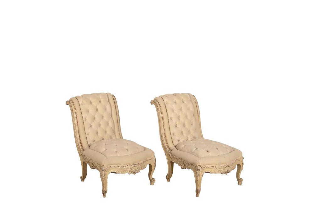 Pair of scroll back, Louis XV Revival chauffeuses  slipper chairs of beautiful form