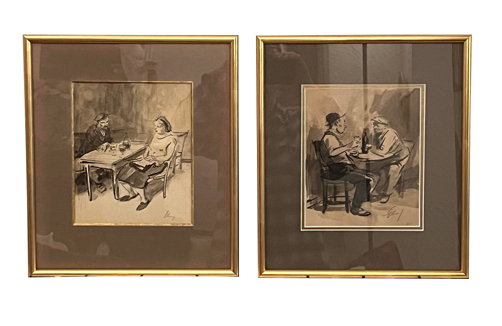 PAIR OF 20TH CENTURY FRAMED DRAWINGS OF FRENCH BISTRO SCENES