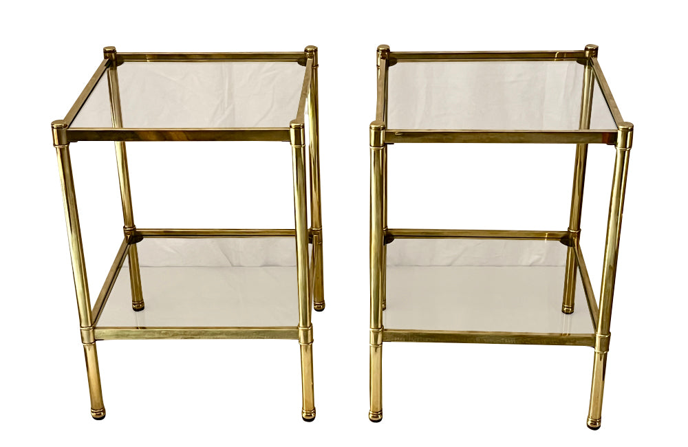 Pair of Mid-Century Italian square brass end tables with glass shelves.