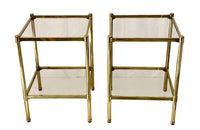 Pair of Mid-Century Italian square brass end tables with glass shelves.